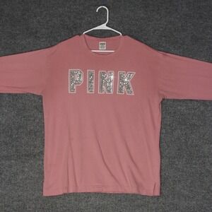 PINK Victoria's Secret Long Sleeve T-Shirt Women L Pink Sequin Logo Crewneck